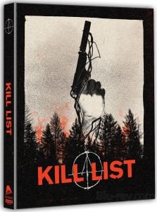 A hand holding a gun, wrapped in barbed wire, rises above a forest with an orange sky. The text "KILL LIST" appears in bold red letters at the bottom.