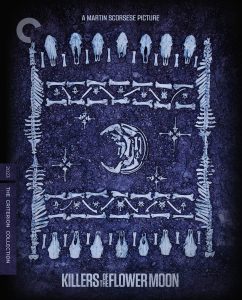 Poster for "Killers of the Flower Moon" featuring animal skulls and bones arranged artistically on a dark background, with the film title and Criterion Collection label.