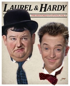 Illustrated cover of "Laurel & Hardy: The Restored Features, Vol. 1," showing portraits of the comedy duo in vintage attire against a plain background.