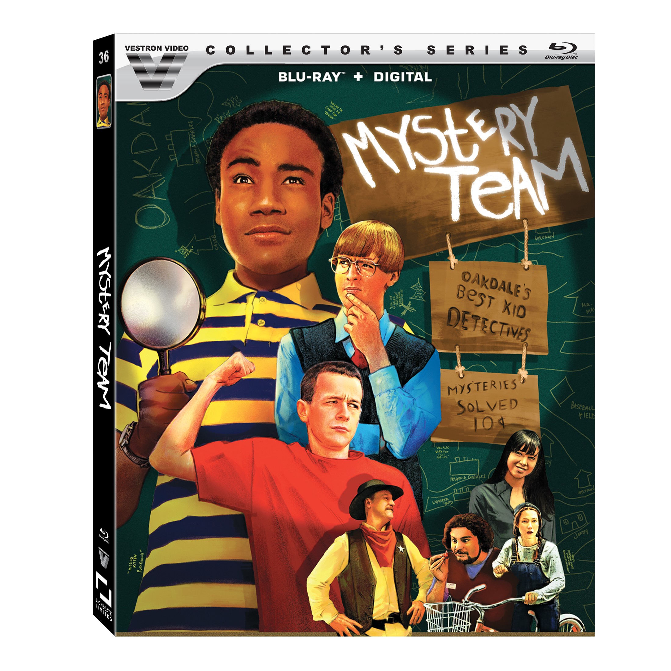 Blu-ray case for "Mystery Team" featuring illustrated characters in detective poses, a chalkboard with notes, and the title in large white letters at the top.