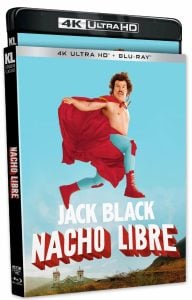 Blu-ray and 4K Ultra HD cover for the film "Nacho Libre," featuring Jack Black in a red cape and wrestling attire jumping against a blue sky background.