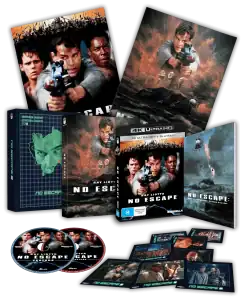 No Escape 4K Ultra HD and Blu-ray collectors set, featuring movie cases, two discs, postcards, and themed packaging with images of armed characters and explosions.