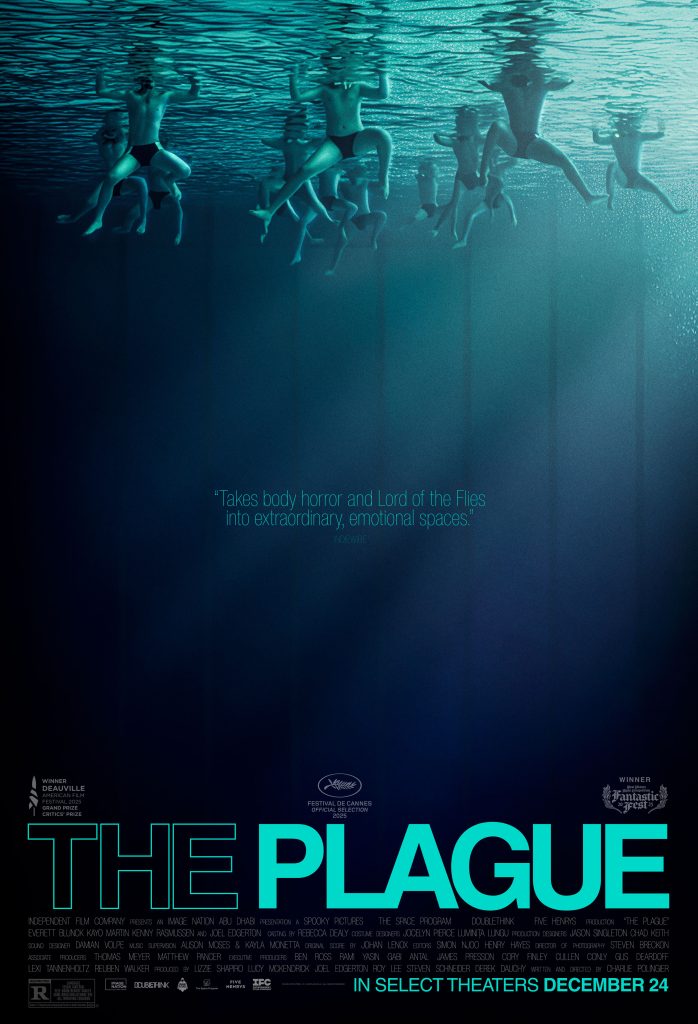 Movie poster for "The Plague" showing people submerged underwater above the film title, with a quote in the center and theatrical release information at the bottom.