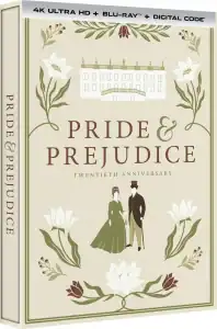 A 4K Ultra HD + Blu-ray set for "Pride & Prejudice" Twentieth Anniversary, featuring floral designs and silhouettes of a man and woman on the cover.