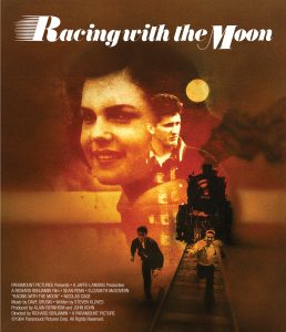 A vintage-style movie poster features a smiling woman, a serious man, a steam train, and two young men running on train tracks under a large moon.
