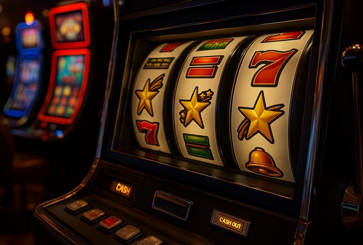 A close-up of a slot machine with reels showing stars, sevens, and bars; other slot machines are visible in the background.