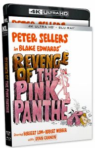 4K Ultra HD Blu-ray cover of "Revenge of the Pink Panther," featuring illustrated text, the Pink Panther character, and cast names including Peter Sellers and Dyan Cannon.