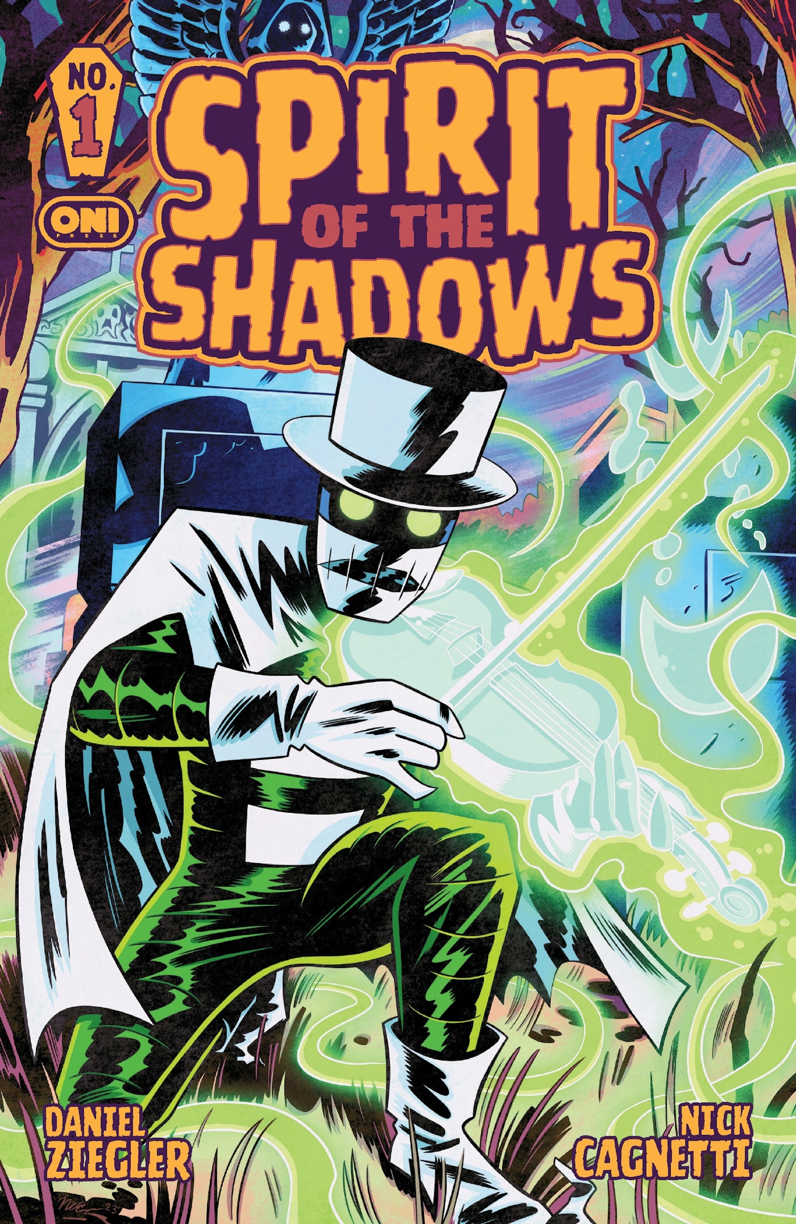 Comic book cover of "Spirit of the Shadows No. 1" featuring a ghostly figure in a top hat and suit playing a violin, surrounded by green energy, with the creators' names at the bottom.