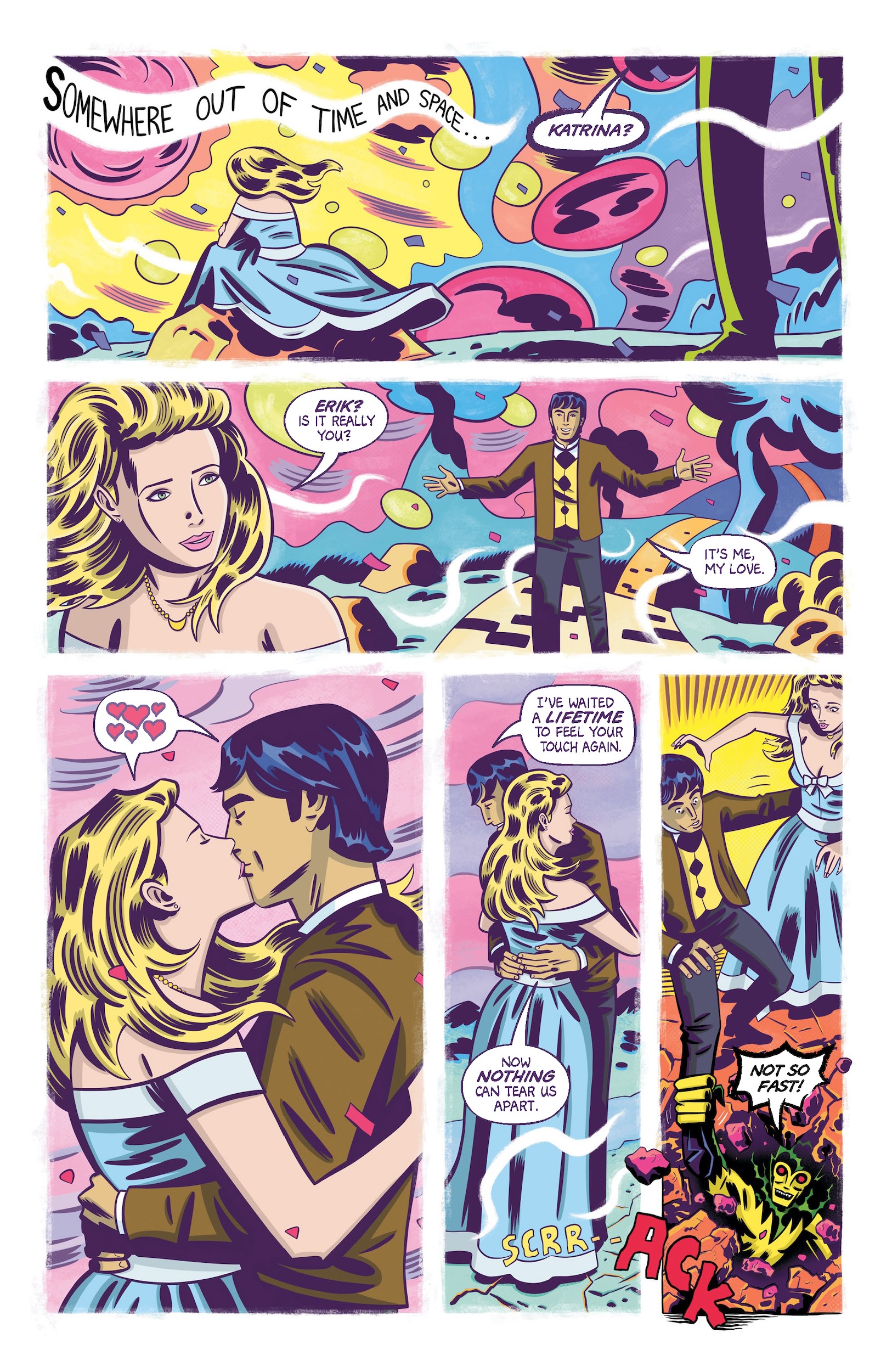 A comic page shows a woman and man reuniting in a surreal, colorful landscape. They embrace and kiss, but two angry figures interrupt as one yells "Not so fast!.