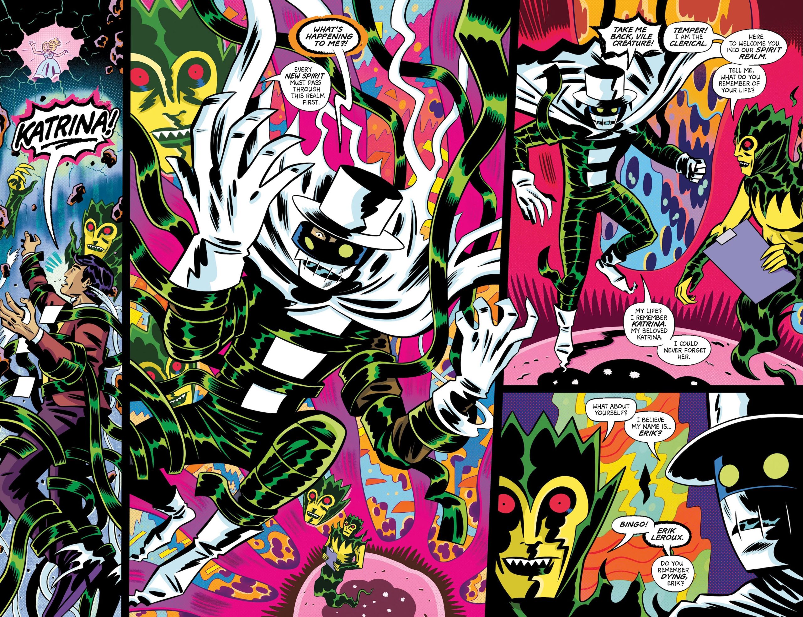 A colorful comic book scene shows a grinning skeletal character in a checkered suit and hat, surrounded by swirling energy and shocked onlookers.