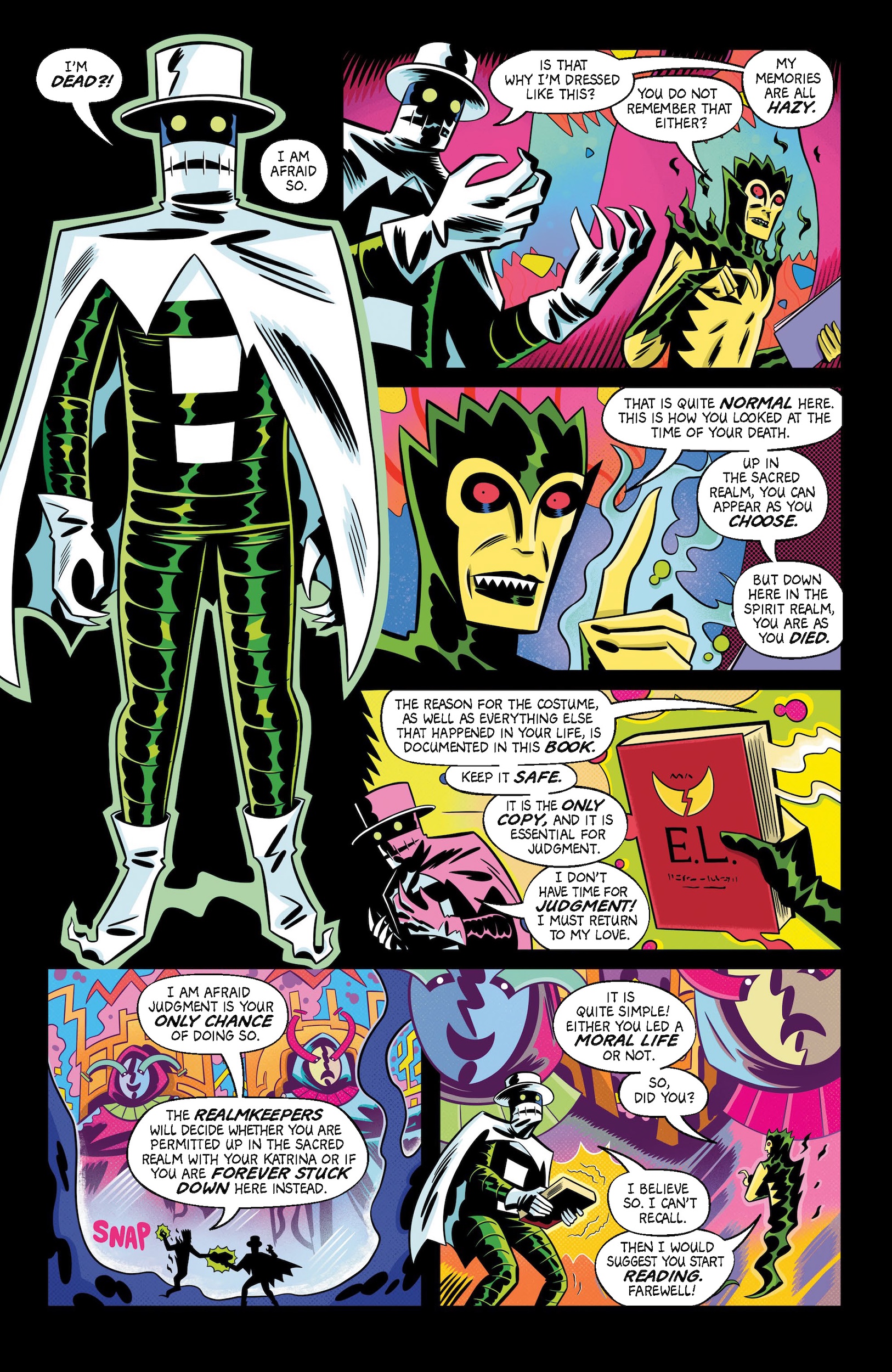 A skeletal figure in a hat and cape introduces himself as Dandori to a frightened man in a psychedelic, colorful landscape, discussing costume choices and the concept of death.