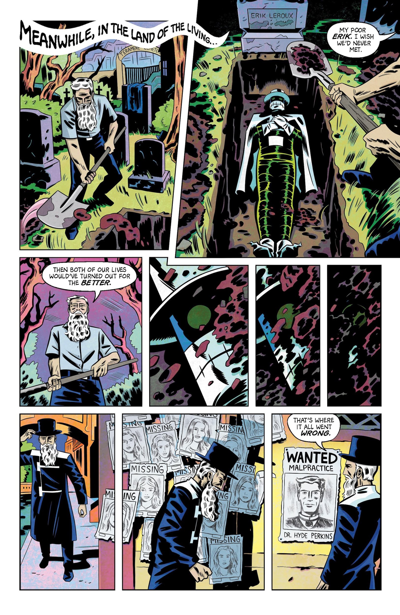 A bearded man in a hat visits a graveyard, mourns by a grave, notices wanted and missing person posters, and walks through a city street at night.