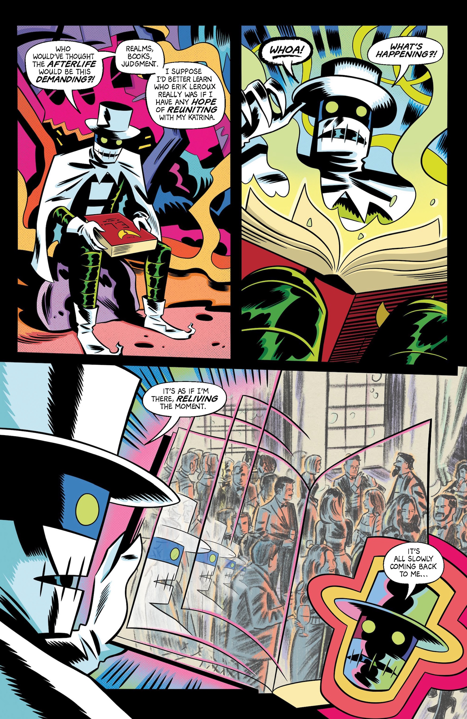 A comic page shows a masked figure in a top hat reading a book as energy swirls; surreal events unfold, leading to a vision of people behind glass and a talking cartoonish robot.
