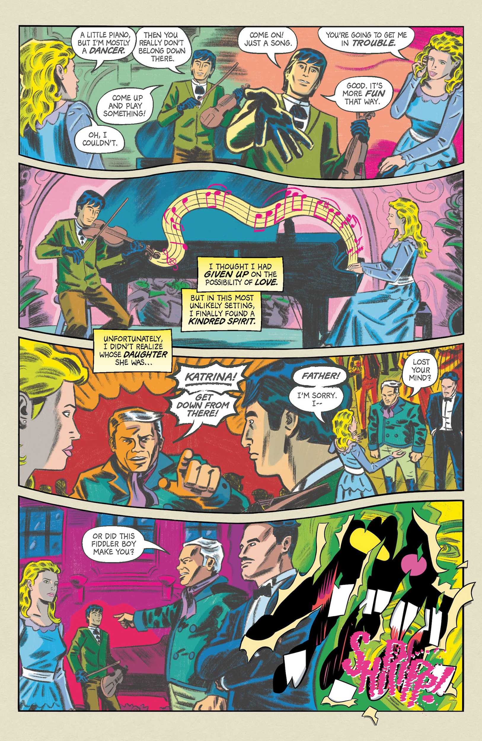 Comic page showing a dramatic conversation between several people; a musical motif, emotions, and a supernatural event with a piano smashing through a wall are depicted.