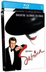 Blu-ray cover for the film "Sabrina" featuring a close-up of a woman in a large black hat and red lipstick, with Harrison Ford pictured on the side.