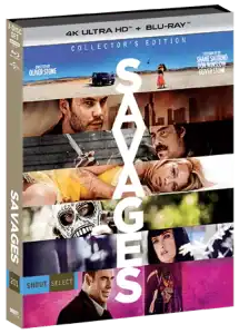 Collector’s edition Blu-ray/DVD box for the film "Savages," featuring the title vertically and montage images of main characters across the front.