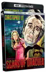4K Ultra HD Blu-ray cover for "Scars of Dracula," featuring illustrated portraits of Christopher Lee as Dracula and a frightened woman, with a bat flying in the foreground.