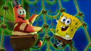SpongeBob SquarePants and Patrick Star, both smiling, climb a rope net against a blue background.