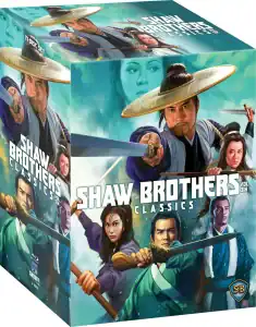 Box cover for "Shaw Brothers Classics Vol. Six" featuring illustrated martial artists in action poses with swords, set against a blue background.