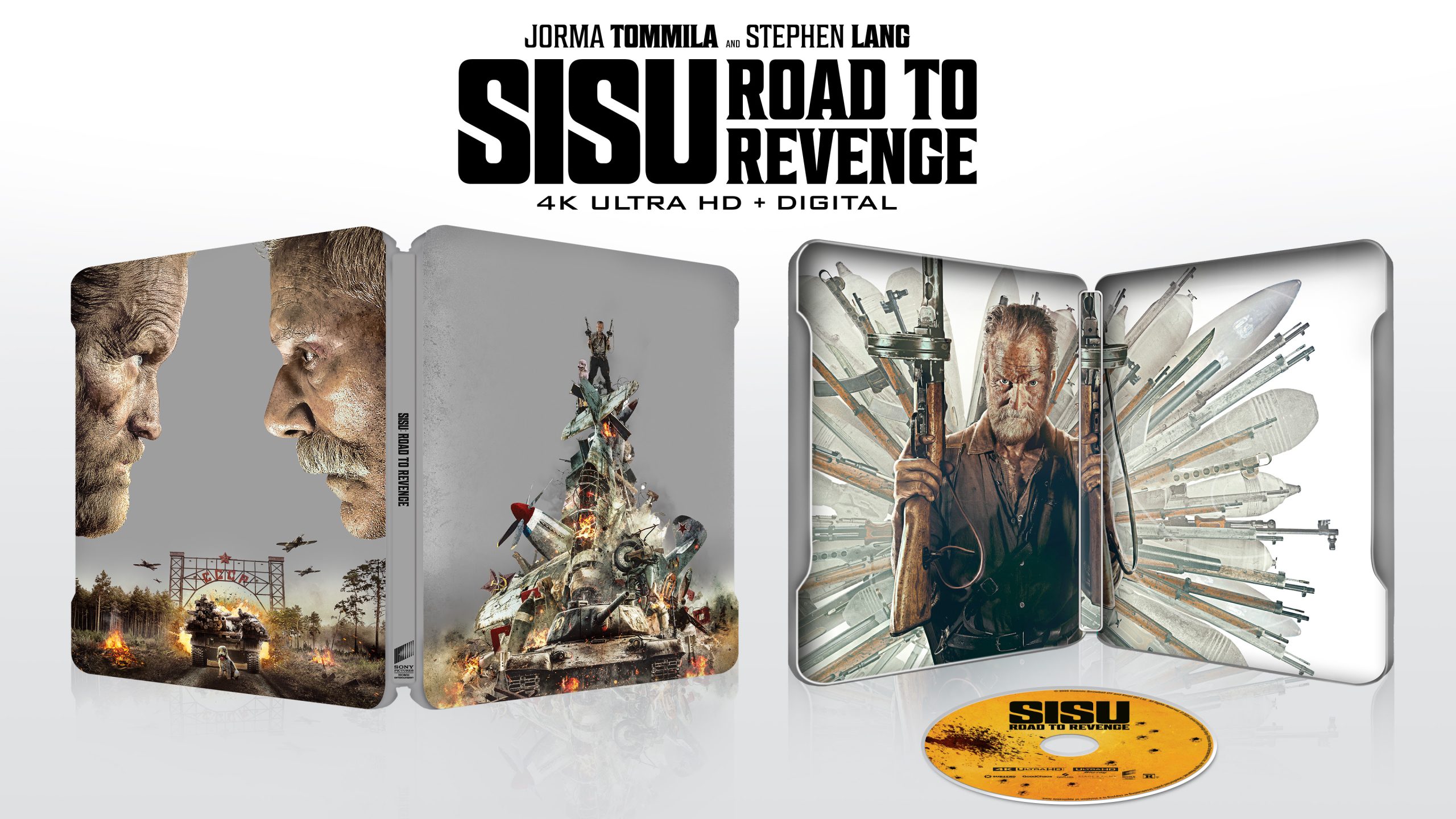 SISU: Road to Revenge 4K Ultra HD + Digital steelbook packaging, showing character art, a weapon-filled interior, and a disc labeled "SISU.