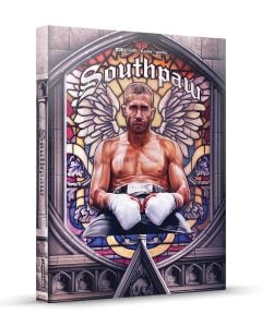 A 3D-rendered image of the "Southpaw" movie box featuring a shirtless boxer with gloves, seated in front of a stained glass window with wings.