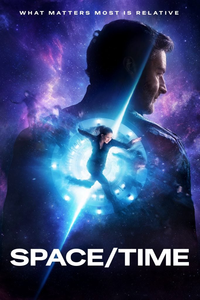 A man gazes into space with a cosmic background; a smaller figure appears inside a glowing portal, with the words "SPACE/TIME" and the tagline "What matters most is relative.
