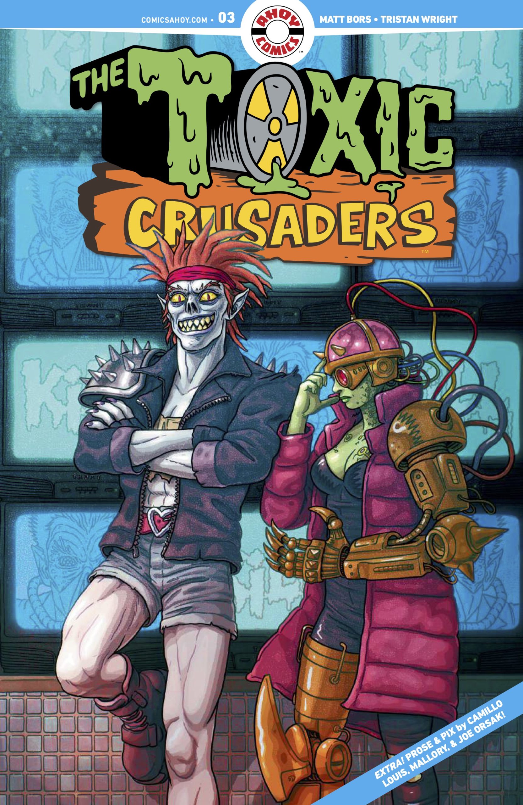 Comic book cover featuring two characters: a grinning mutant with spiked hair and a spiked jacket, and a robot-like figure in armor. Title reads "The Toxic Crusaders.
