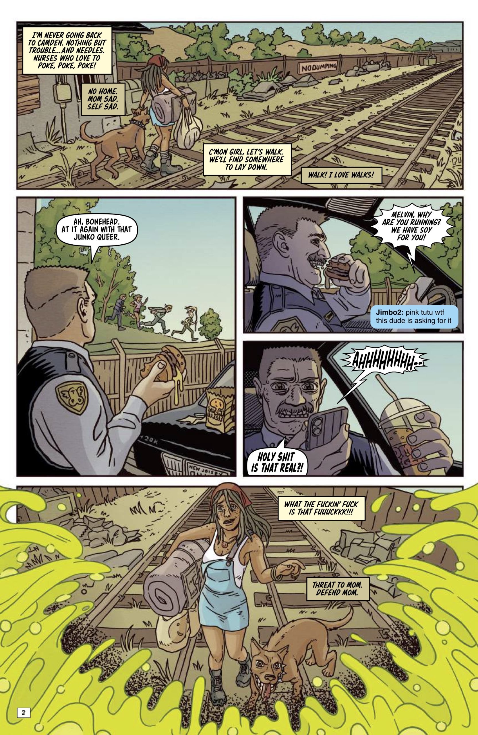 A man walks a dog near railway tracks, encounters a woman with a chainsaw arm and a dog, while another man grills and reacts in shock to news on his phone.