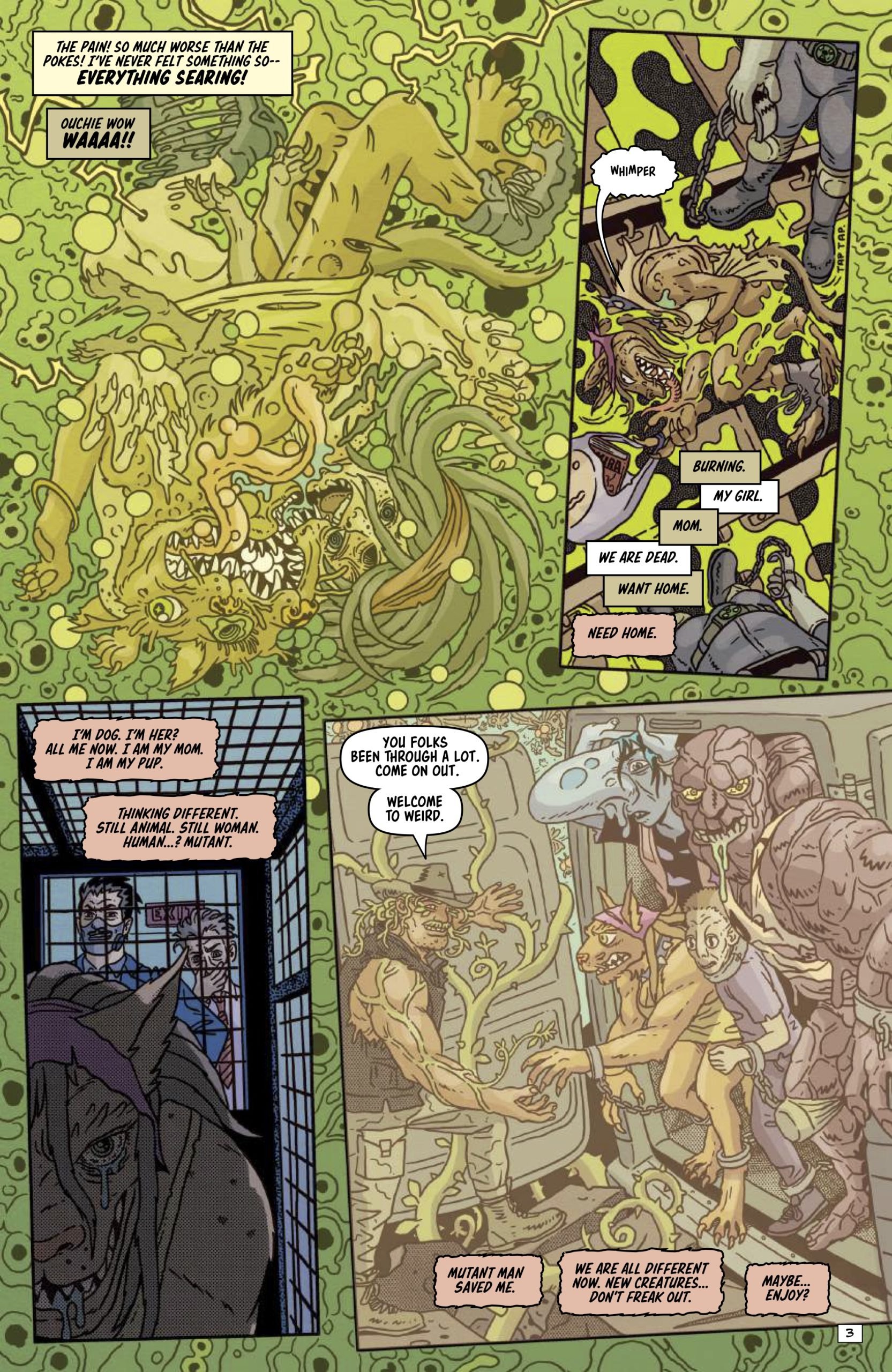 A person is engulfed by green sludge with monstrous faces, then wakes in a cell surrounded by mutants and a dinosaur, while a wolf-like mutant speaks to them through bars.
