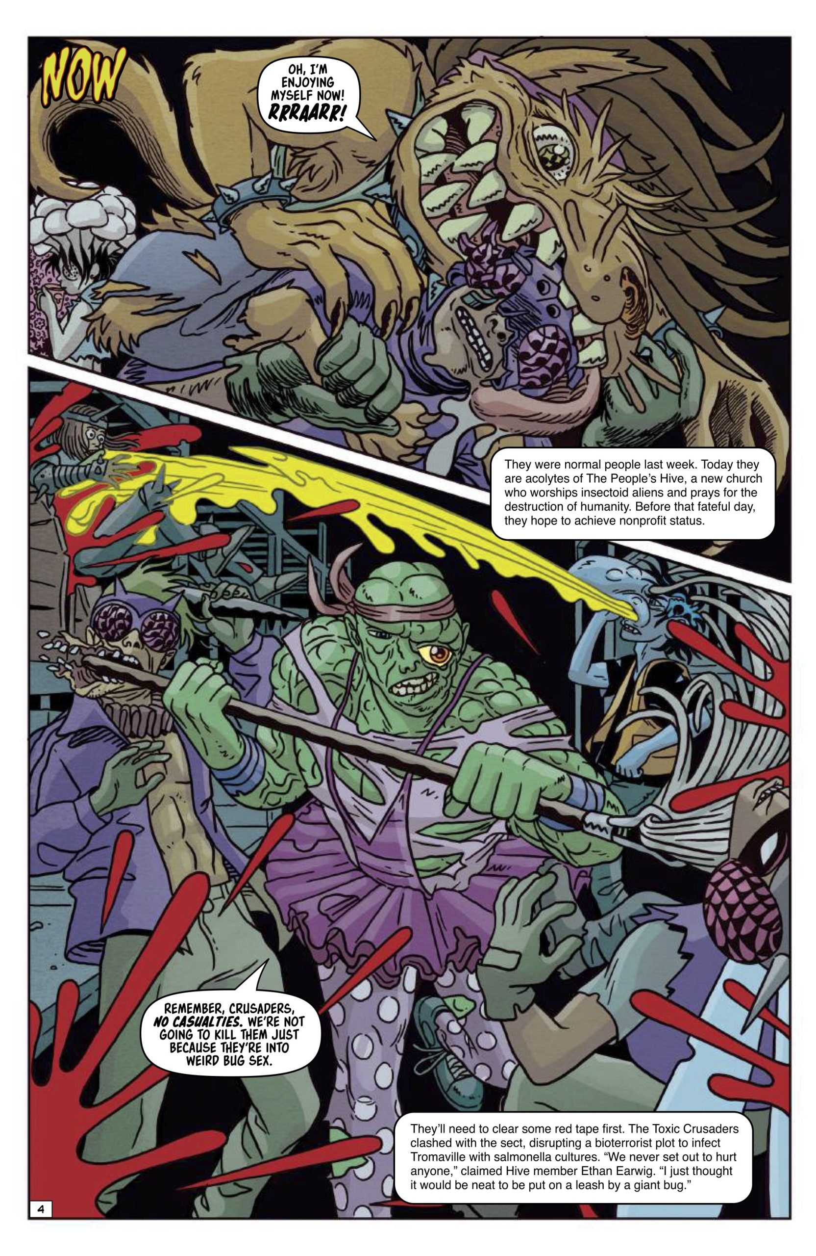 A green mutant hero fights off several bug-like mutant enemies with a mop, while narration boxes explain the backstory and current battle situation.
