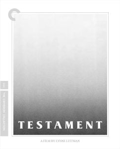 A grayscale gradient poster for the film "Testament" with bold white title text and a label indicating it is part of The Criterion Collection.