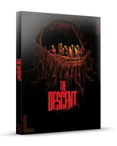 A dark box set cover for "The Descent" featuring six women standing inside a cave opening, with red roots and the movie title in bold red letters below.