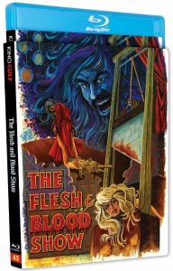 Blu-ray cover of "The Flesh & Blood Show" featuring illustrated artwork of a menacing blue-faced figure, a guillotine, and distressed characters. Kino Cult label is visible.