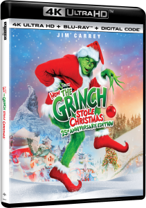 4K Ultra HD cover of "How the Grinch Stole Christmas" 25th Anniversary Edition, featuring Jim Carrey as the Grinch in a Santa suit above a snowy Whoville.