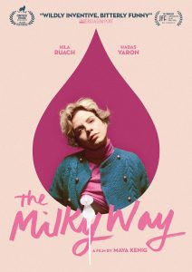 A woman in a blue sweater and pink turtleneck stands against a pink background with “The Milky Way” and film credits written around her. Festival awards and reviews appear at the top.