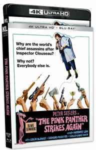 4K Ultra HD Blu-ray cover of "The Pink Panther Strikes Again" featuring Inspector Clouseau surrounded by hands pointing weapons at him.