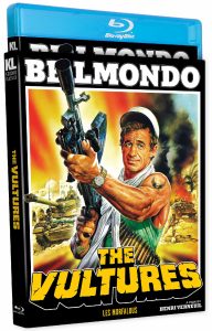 Blu-ray cover of the film "The Vultures" featuring an armed man in a sailor cap with an action scene and explosions in the background.