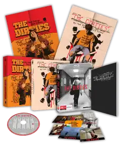 Box set of "The Dirties" includes DVDs, a Blu-ray, posters, postcards, a booklet, and a disc, all featuring film-related artwork and designs.