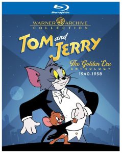 Blu-ray cover for "Tom and Jerry: The Golden Era Anthology 1940-1958," featuring Tom in a tuxedo and Jerry in a bow tie, standing together on a stage.