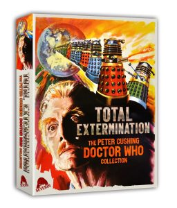 Box set cover for "Total Extermination: The Peter Cushing Doctor Who Collection," featuring Peter Cushing's face and multiple colorful Daleks against a fiery background.