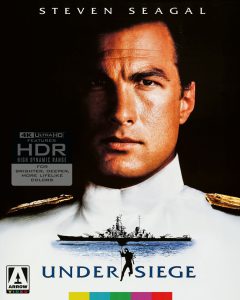 Movie poster for "Under Siege" shows a man in a white naval uniform above a battleship, with the film title and logos for Arrow Video and 4K Ultra HD HDR.