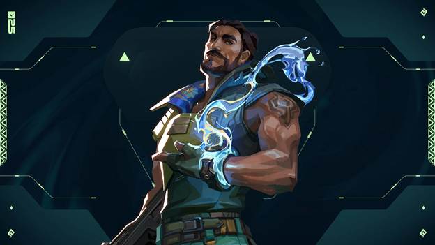 Illustration of a muscular man with a beard and tattoos, wearing tactical gear and holding a glowing, blue, holographic bow in a futuristic digital interface background.
