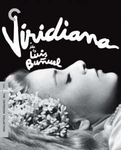 Black and white close-up of a woman lying down with her eyes closed, adorned with flowers in her hair. The text reads "Viridiana, a film by Luis Buñuel." Criterion Collection spine 332.