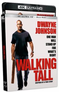 4K Ultra HD and Blu-ray cover for "Walking Tall," featuring Dwayne Johnson holding a wooden plank, with bold text highlighting the film's title and tagline.