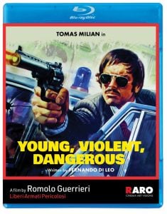 Blu-ray cover for "Young, Violent, Dangerous" featuring an illustrated man with sunglasses and a gun, with bold yellow title text and film credits below.