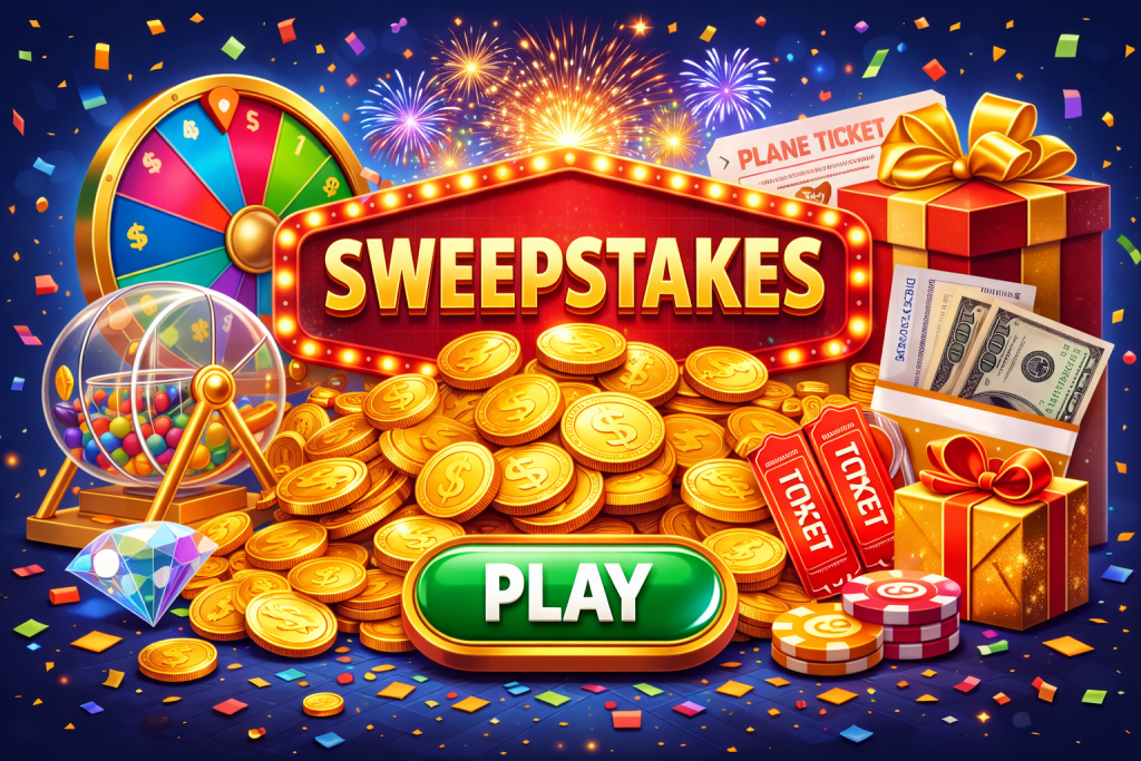 A colorful sweepstakes scene with gold coins, a spinning wheel, cash, tickets, gifts, chips, and a "Play" button, set against fireworks and confetti in the background.
