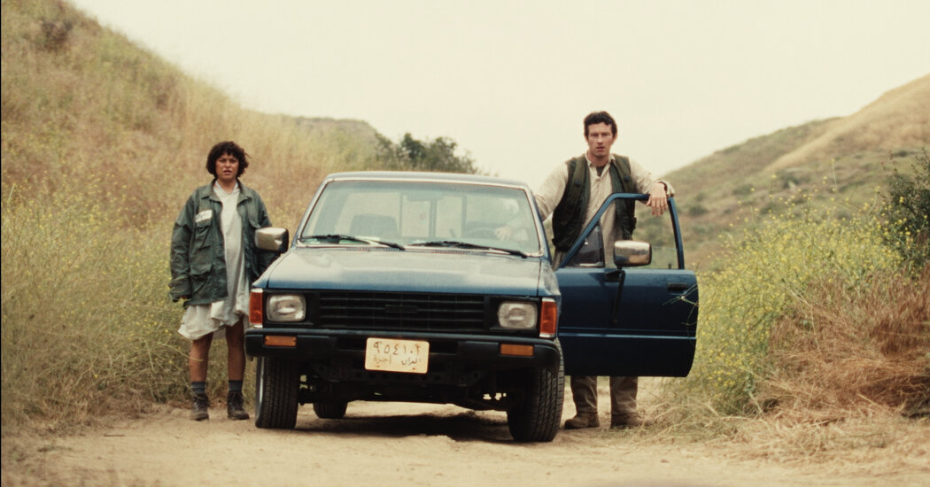 Two people stand next to a blue pickup truck parked on a dirt road, surrounded by grassy hills and wildflowers.