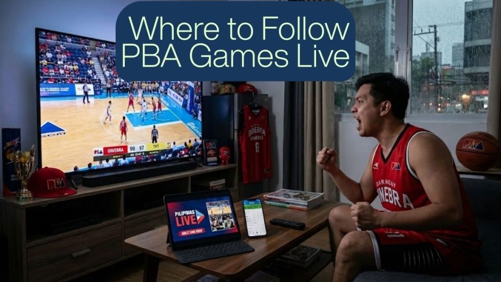 A man wearing a Ginebra basketball jersey watches a live PBA game on TV, with a laptop and smartphone also streaming basketball content nearby.