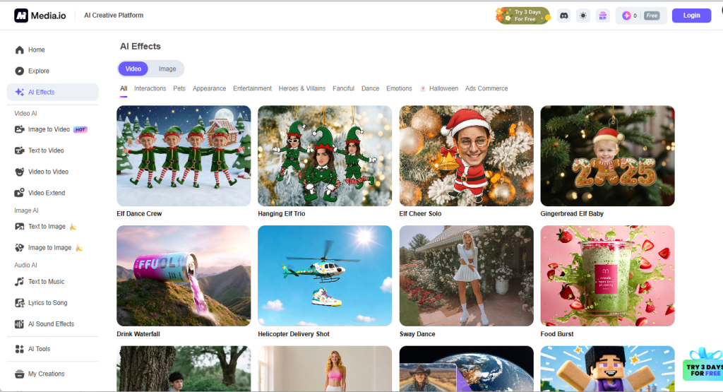 A webpage displays a grid of video effect options, including elf dance, hanging elf trio, cheer solo, and others, under the "All Effects" section of an AI creative platform.