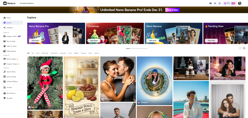 A computer screen displays the Explore page of a media platform, showing various image and video categories, including Nano Banana Pro, Christmas, and trending content.